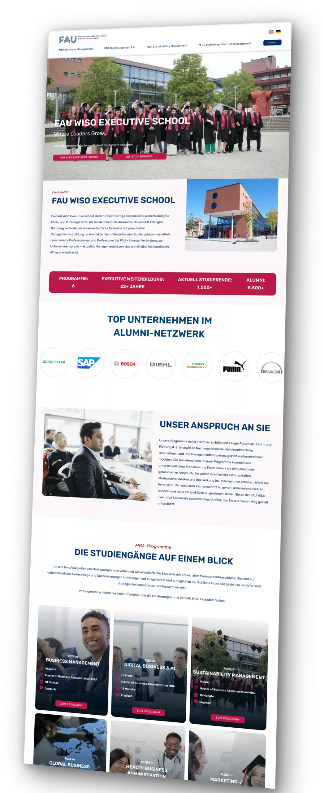 Perspektivisches Mockup der neuen FAU WiSo Executive School-Website
