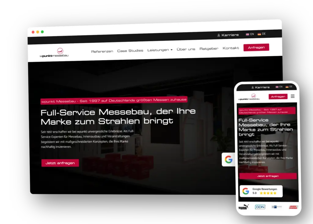 wpunkt Messebau – Startseite als Browser- und Smartphone-Mockup