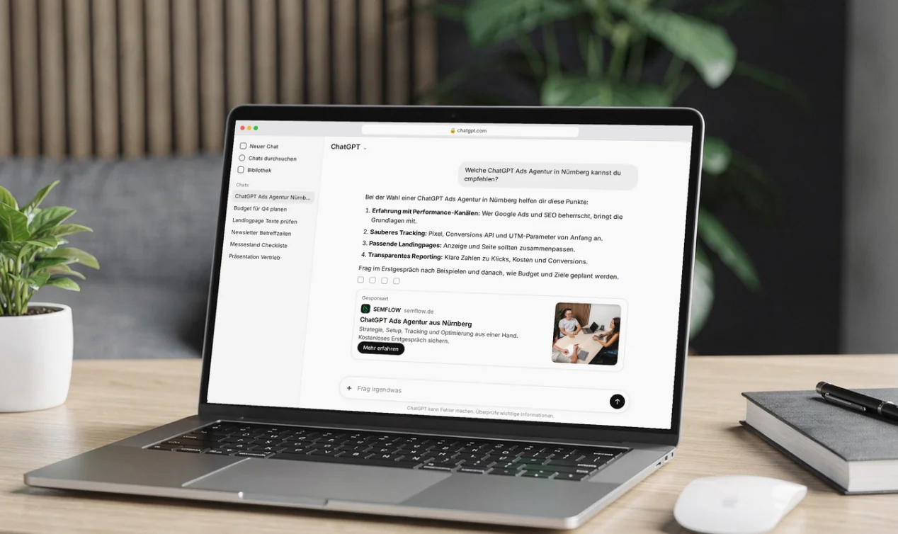 ChatGPT Anfrage nach einer ChatGPT Ads Agentur in Nürnberg mit Anzeige von SEMFLOW
